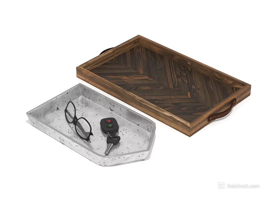 Wooden Herringbone Tray With Handles And Galvanized Metal Tray Holding Eyeglasses Car Keys Remote Control 3d model 
