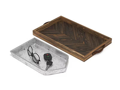 Wooden Herringbone Tray With Handles And Galvanized Metal Tray Holding Eyeglasses Car Keys Remote Control 3d model