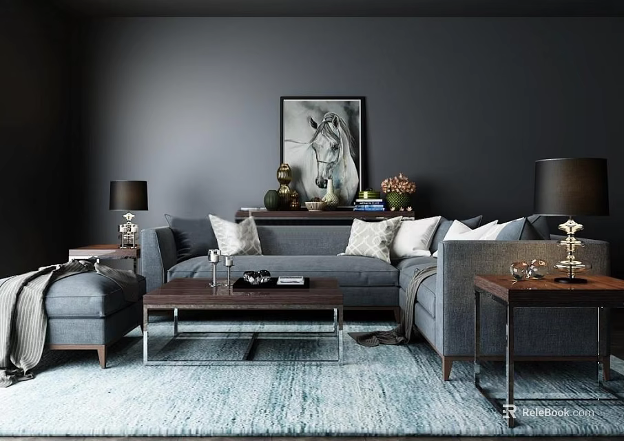 Modern Gray Sofa and Coffee Table Set With Throw Pillows Side Tables and Wall Art 3d model