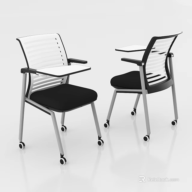Modern Wheeled Office Chairs With Attached Writing Tablets Black Seats White Backrests 3d model 