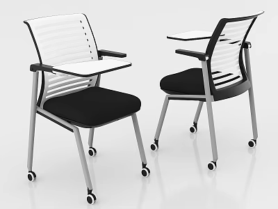 Modern Wheeled Office Chairs With Attached Writing Tablets Black Seats White Backrests 3d model