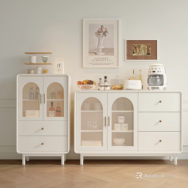 Modern White Sideboards With Glass Doors Rattan Details Coffee Machine Fruits And Wall Art 3d model 