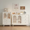 Modern White Sideboards With Glass Doors Rattan Details Coffee Machine Fruits And Wall Art