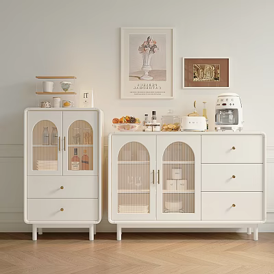 Modern White Sideboards With Glass Doors Rattan Details Coffee Machine Fruits And Wall Art 3d model