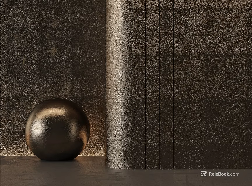 Modern Minimalist Interior With Dark Metallic Sphere Textured Dark Wall And Gray Floor 3d model 