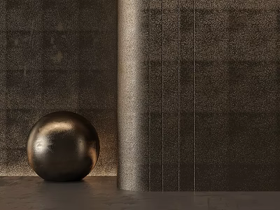 Modern Minimalist Interior With Dark Metallic Sphere Textured Dark Wall And Gray Floor 3d model
