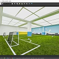 Indoor Football Field With Green Turf White Lines Goals And Blue Yellow Walls