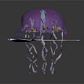 Purple Jellyfish Floating with Transparent Manta Ray Swimming in Dark Background