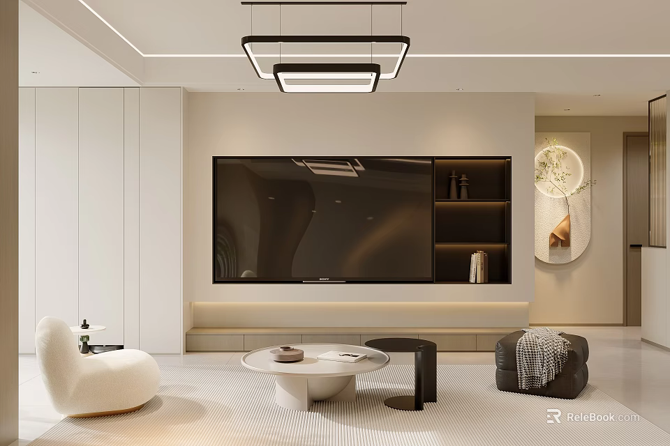 Modern Warm Cream Tone Living and Dining Room With Comfortable Furniture And Elegant TV Wall 3d model 