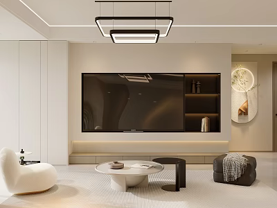 Modern Warm Cream Tone Living and Dining Room With Comfortable Furniture And Elegant TV Wall 3d model