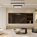 Modern Warm Cream Tone Living and Dining Room With Comfortable Furniture And Elegant TV Wall