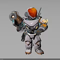 Mechanical Character With Red Dome Head Holding Gun Mechanical Structure Gray White Blue Orange Details
