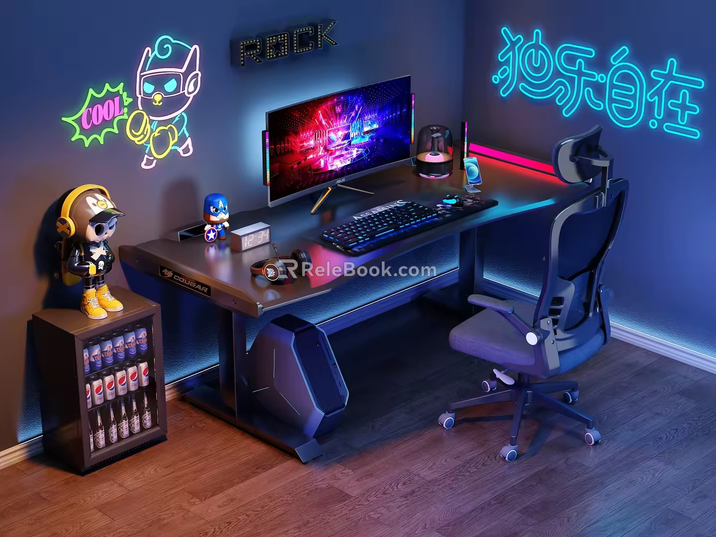 Modern E-sports Tables and Chairs E-sports Room Computer Tables and Chairs Cyberpunk Computer Ornaments Combination Decorative Lights Computer Host Display Speaker Small Refrigerator Hand-held 3d model