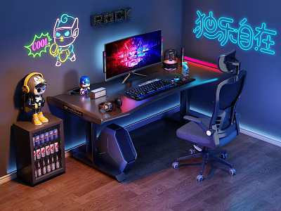 Gaming Desk Setup With Monitor Keyboard Ergonomic Chair RGB Lighting Neon Signs And Action Figures 3d model