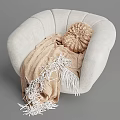 White Plush Accent Chair with Knitted Beige Cushion and Tasseled Blanket