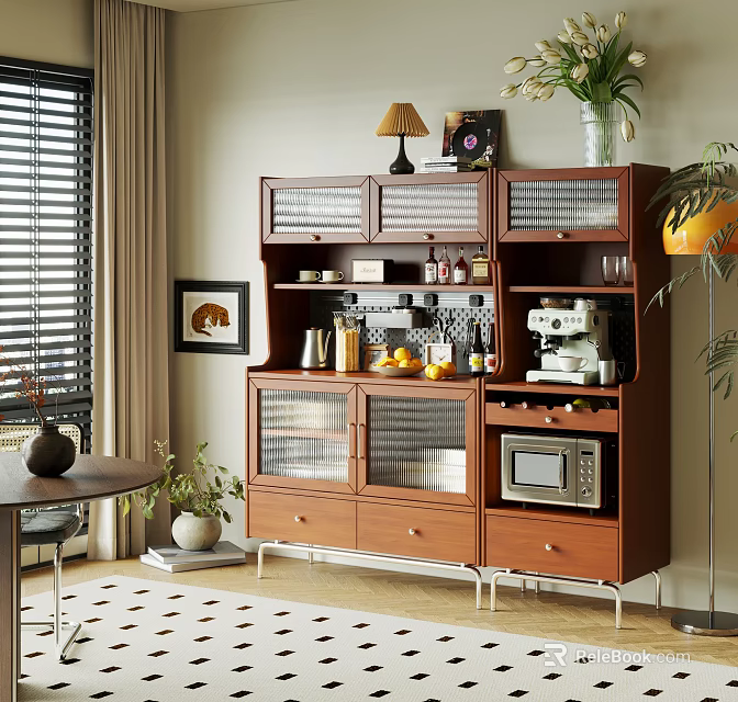 Wooden Sideboard with Glass Doors Featuring Decorative Vase Coffee Machine Wine Bottles in Living Room 3d model 