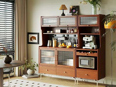 Wooden Sideboard with Glass Doors Featuring Decorative Vase Coffee Machine Wine Bottles in Living Room 3d model