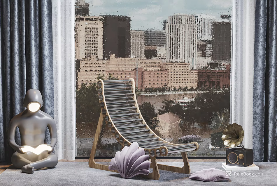 Wooden Slat Lounge Chair by Window with City Skyline View and Decorative Shell Ornament 3d model 