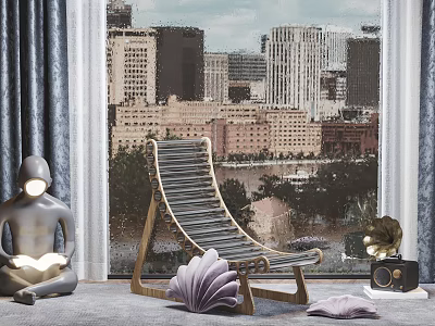 Wooden Slat Lounge Chair by Window with City Skyline View and Decorative Shell Ornament 3d model