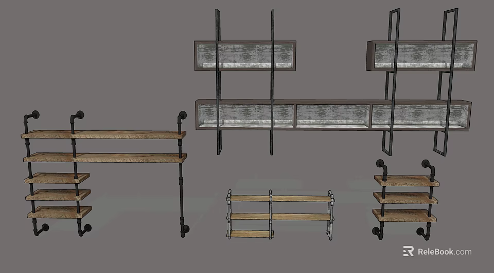 Wooden And Metal Wall Mounted Cabinets With Industrial Design Storage Shelves 3d model 