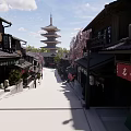 Traditional Japanese Commercial Street With Historic Buildings Cherry Blossom Trees And Stone Pavement