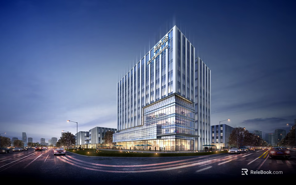Modern High Rise Office Building With Glass Curtain Wall And Urban Night View 3d model 