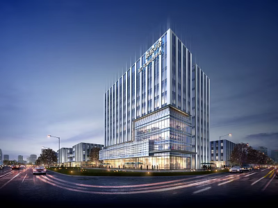 Modern High Rise Office Building With Glass Curtain Wall And Urban Night View 3d model