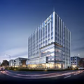 Modern High Rise Office Building With Glass Curtain Wall And Urban Night View