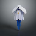 Hooded Figure In White Cloak With Blue Leggings And Gold Pendant On Dark Background With Reflection