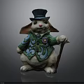 Ornate Decorative Rabbit Figurine Wearing Blue Top Hat Green Coat With Floral Patterns And Cane