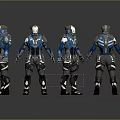 Blue Gray Futuristic Game Movie Character In Tech Armor With Luminous Lines And Four Angles