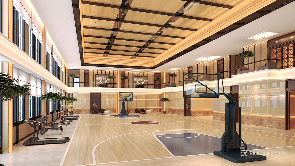 Spacious Basketball Gym Interior Design With Wooden Ceiling Beams Basketball Hoops And Polished Flooring 3d model 