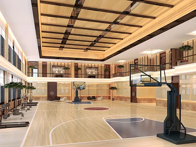 Spacious Basketball Gym Interior Design With Wooden Ceiling Beams Basketball Hoops And Polished Flooring 3d model