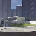 Modern Sales Office Building Featuring Glass Curtain Wall Water Feature And Outdoor Seating Area