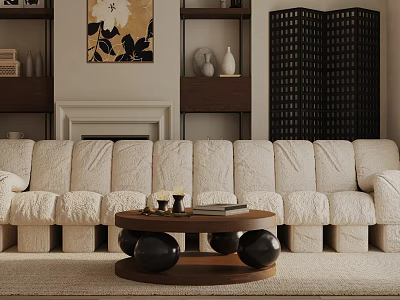 Modern Beige Pleated Three Seater Sofa With Round Wooden Coffee Table In Living Room 3d model