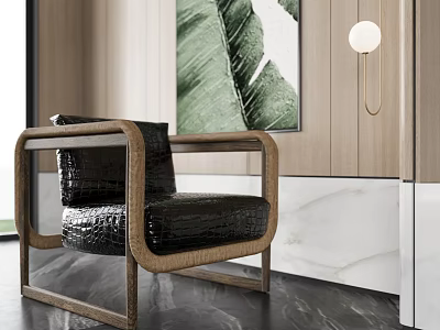 Modern Single Sofa With Black Leather Light Wood Frame Green Leaf Art Round Pendant Light 3d model