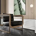 Modern Single Sofa With Black Leather Light Wood Frame Green Leaf Art Round Pendant Light