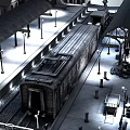 Historic Train Station Platform With Vintage Locomotive Lamp Posts And Luggage Carts