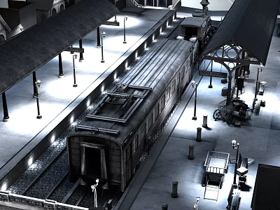 Historic Train Station Platform With Vintage Locomotive Lamp Posts And Luggage Carts 3d model