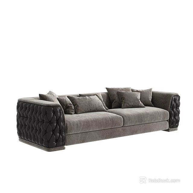 Dark Gray Fabric Two Seater Sofa With Tufted Armrests And Throw Pillows 3d model 