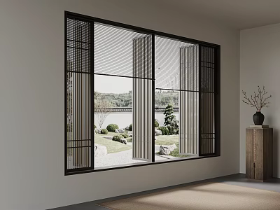 Modern Black Frame Casement Window With Interior Wooden Cabinet And Natural Garden View 3d model