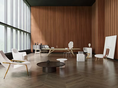 Modern Interior Design Featuring Wooden Wall Panels Large Windows And White Furniture 3d model