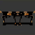 Traditional Chinese Style Black Desk With Ornate Golden Decorations And Carved Stool
