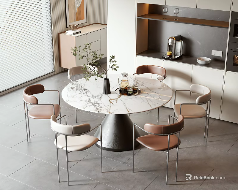 Modern Luxury Round Marble Dining Table With Six Metal Leg Chairs In Beige And Brown 3d model 