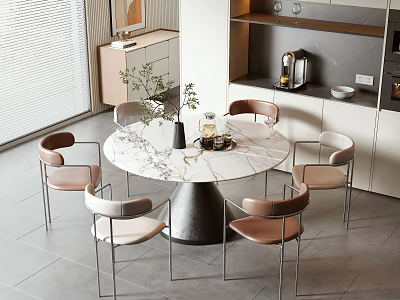 Modern Luxury Round Marble Dining Table With Six Metal Leg Chairs In Beige And Brown 3d model