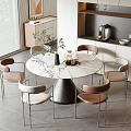 Modern Luxury Round Marble Dining Table With Six Metal Leg Chairs In Beige And Brown