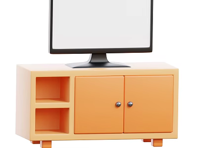 Home Decorative Ornament Combination With Light Wood TV Stand Monitor Orange Doors And Open Shelves 3d model