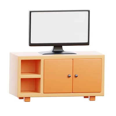 Home Decorative Ornament Combination With Light Wood TV Stand Monitor Orange Doors And Open Shelves 3d model