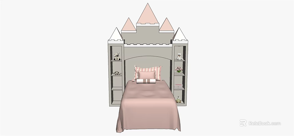 Kids Castle Themed Bed with Pink Bedding and Tower Shaped Headboard Storage Shelves 3d model 