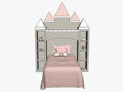 Kids Castle Themed Bed with Pink Bedding and Tower Shaped Headboard Storage Shelves 3d model
